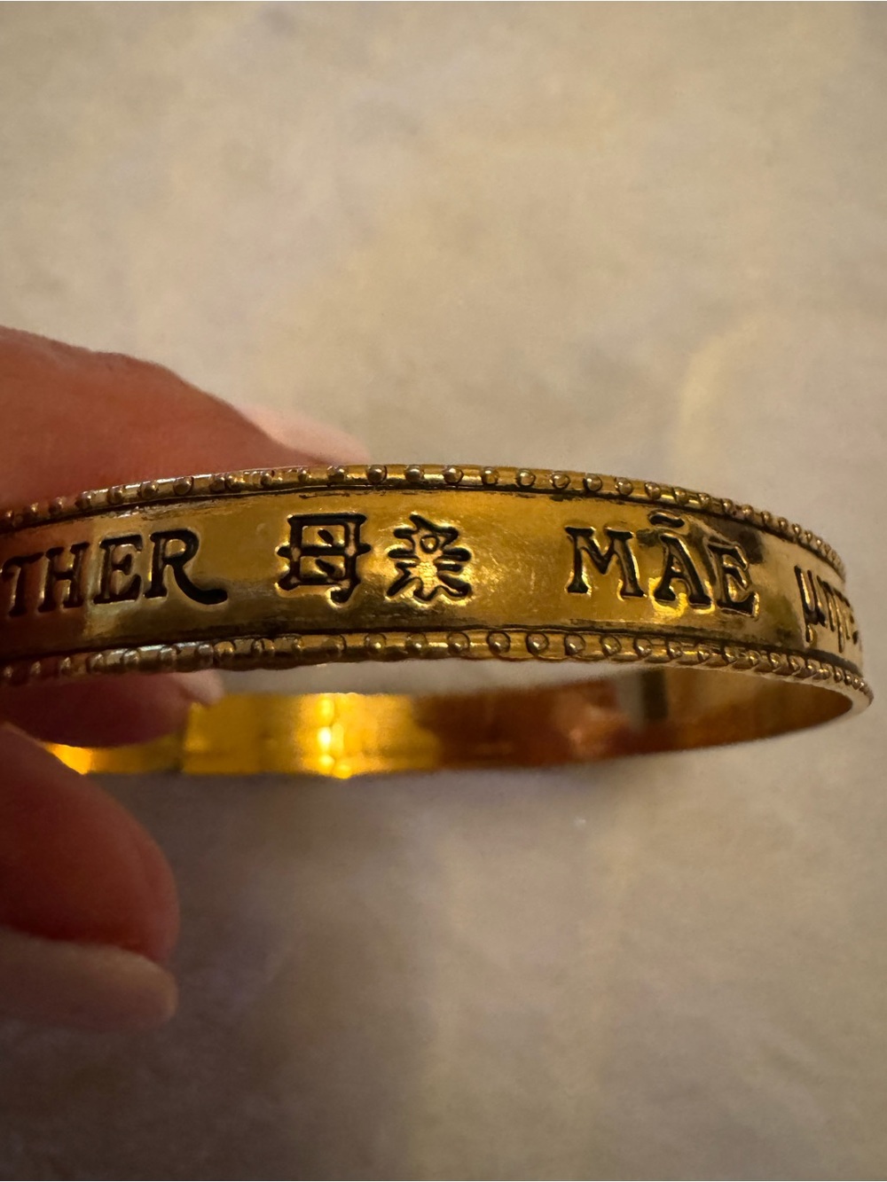 Gold 'MOTHER' Engraved Bangle Bracelet with different spellings - Picture 4 of 8